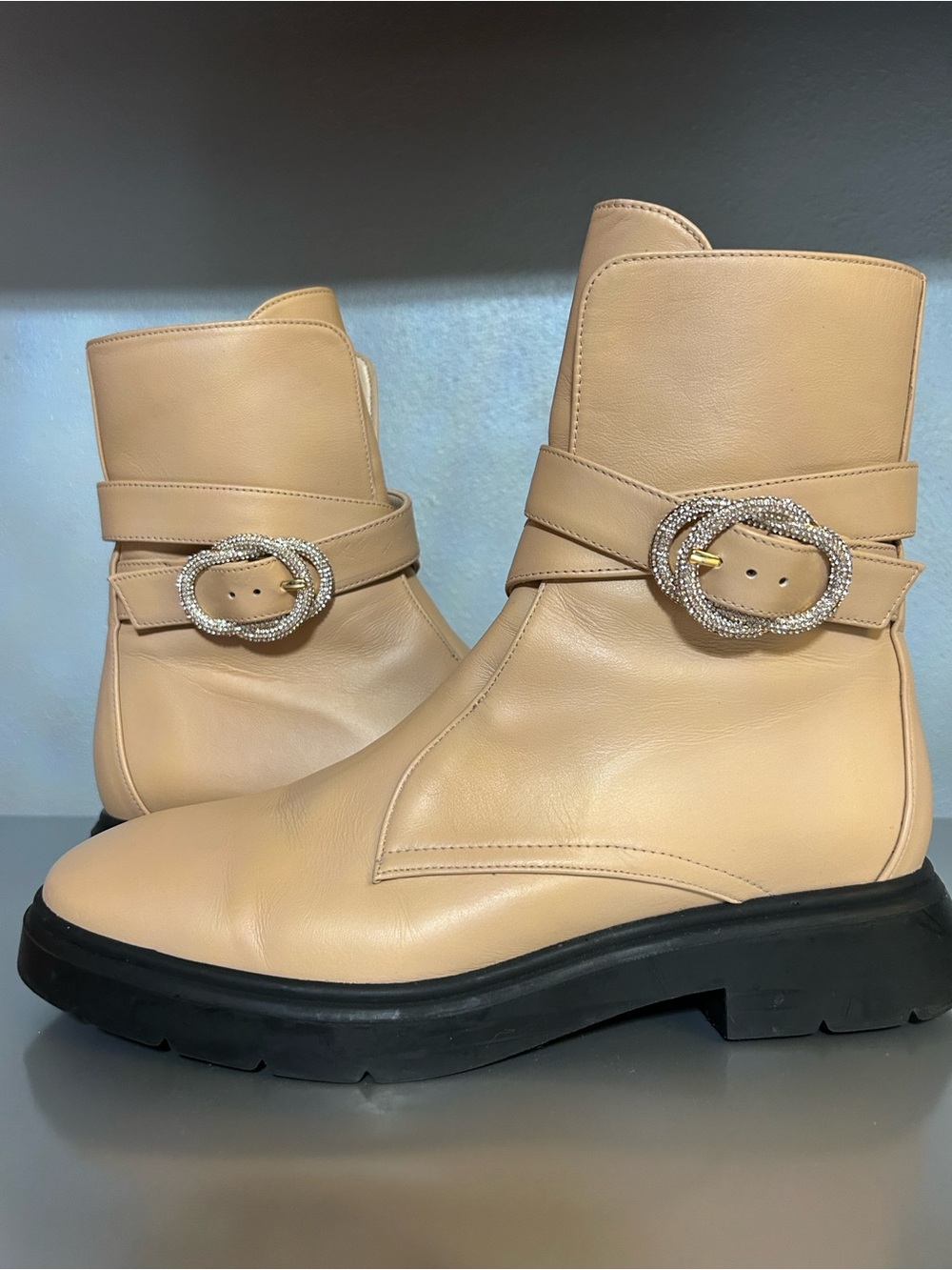 Stuart Weitzman Crystal Buckle Zip Leather Ankle Bootie